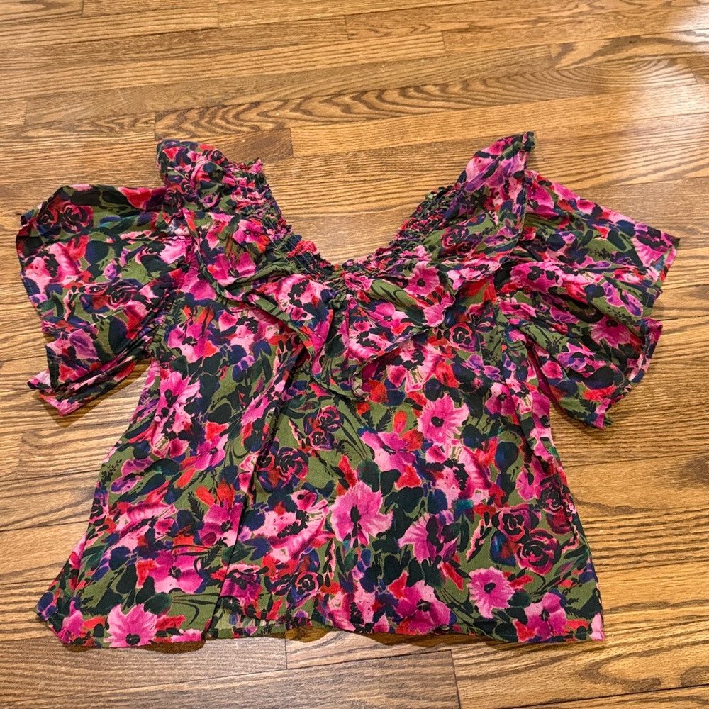 Something Navy Floral Off-Shoulder Blouse - Pink and Green Size Small